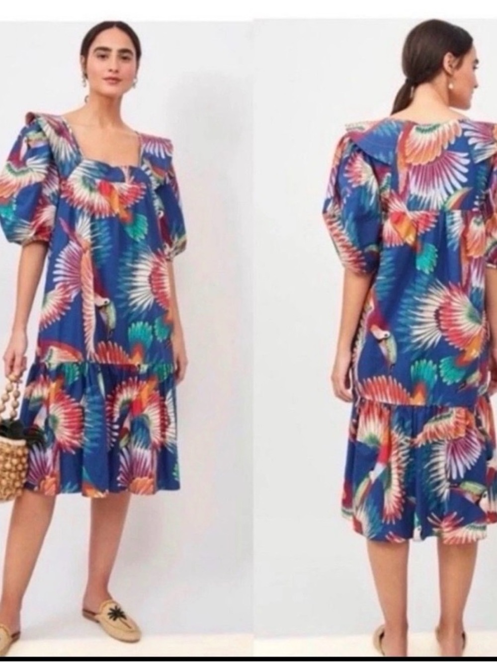 Farm Rio Navy Toucan Puff-Sleeve Midi Dress